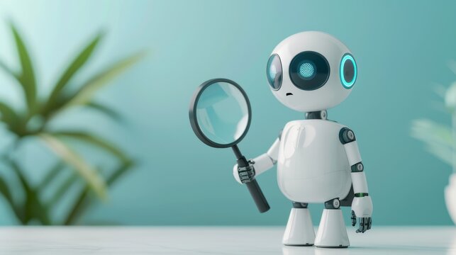 Friendly robot using magnifying glass to analyze customer reviews AI-driven insights empower marketers to tailor strategies for better customer engagement and satisfaction