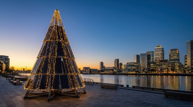 Glowing solar panel Christmas tree symbolizing green energy on city promenade