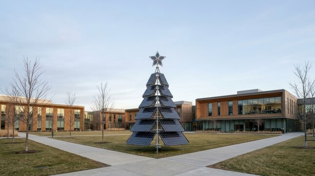Alternative Christmas tree constructed from solar panels standing in modern corporate technopark