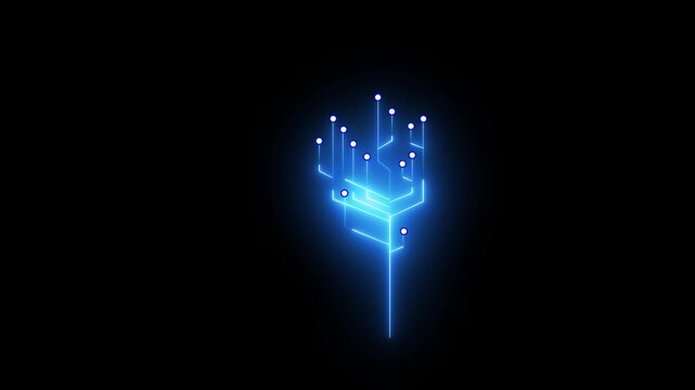 Glowing blue digital circuit tree structure representing data network connectivity