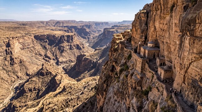 Ancient Monastery Perched on Cliff Overlooking Deep Canyon