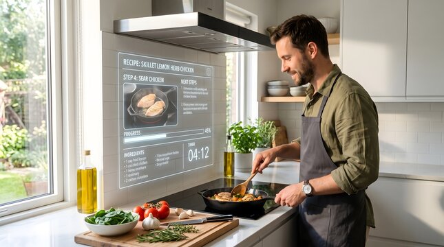 Man cooking in modern kitchen with futuristic AI recipe hologram display