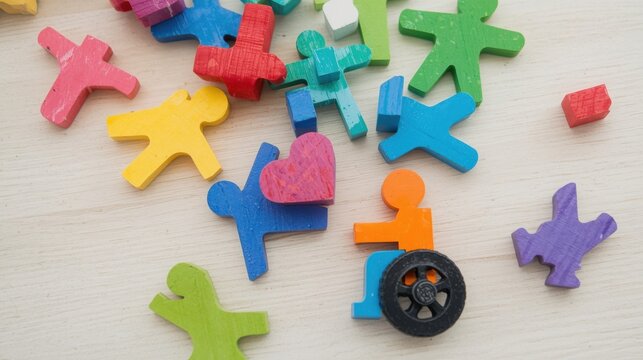 Figuras de bloques de madera pintadas en diversos colores vivos y dispuestas juntas; una de las figuras tiene ruedas de silla de ruedas en su base