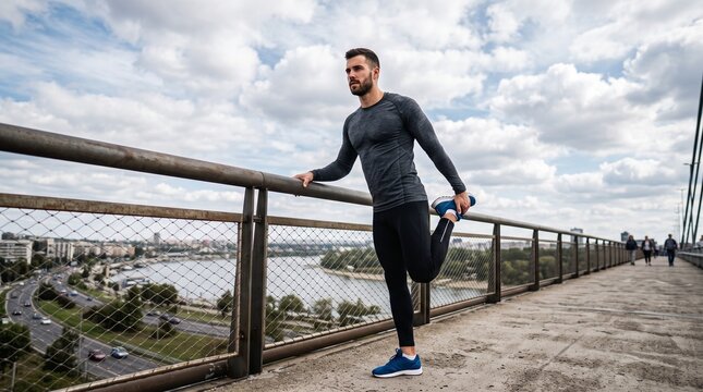 Commercial lifestyle stock photo of a athletic male runner stretching his quadriceps while leaning on a bridge railing under a blue cloudy sky.