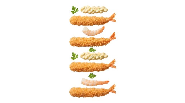 Vertical assembly of crispy Japanese ebi fry, boiled shrimp, and tartar sauce with fresh parsley isolated on a clean white background