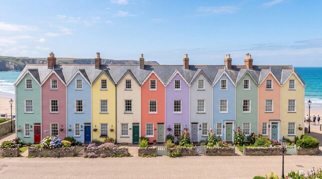 Colorful Terraced Houses by the Sea in Coastal Village