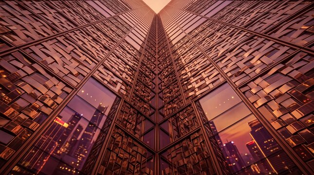 Low Angle View of Modern Skyscraper Facade at Sunset