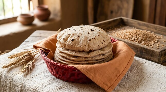Traditional Indian chapati stack in rustic basket, fresh homemade wheat roti on wooden table, authentic flatbread with wheat grains and ears