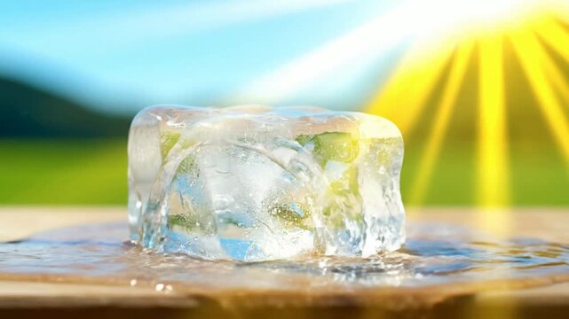 Sunlight melting ice cubes in a clear glass container on a wooden surface