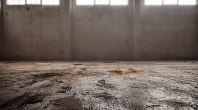 Empty Industrial Warehouse Interior with Grungy Concrete Floor