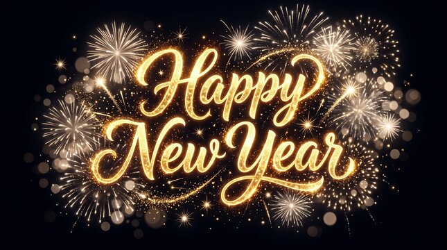 Happy New Year text in elegant gold calligraphy with glittering fireworks and glowing sparks on a dark background for holiday greeting cards.