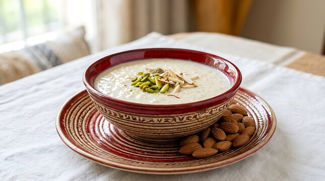 Traditional rice pudding with pistachios and almonds, creamy kheer dessert in a ceramic bowl, sweet middle eastern dairy treat on a rustic table