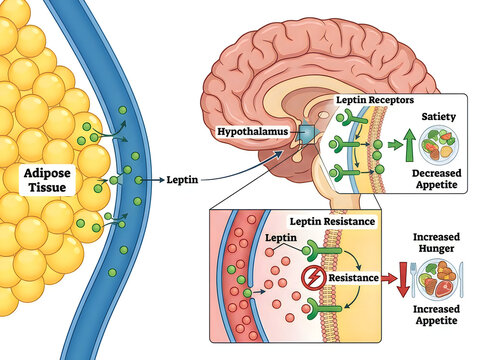 Leptin Signaling Pathway and Leptin Resistance Medical Infographic Showing Hypothalamus Receptors Satiety and Appetite Isolated on White
