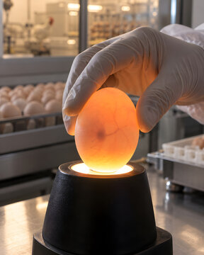 Ultra Realistic Hatchery Egg Candling Inspection with Warm Light Through Chicken Egg Premium Poultry Science Photography