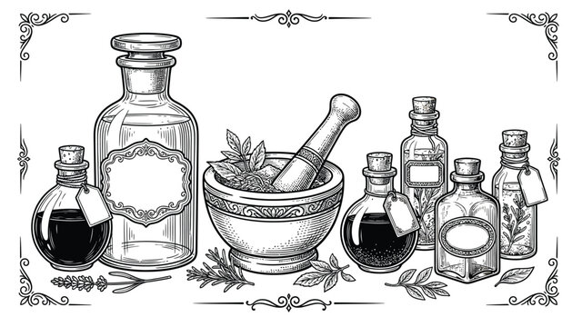 Vintage apothecary illustration with mortar and pestle, antique glass medicine bottles with labels, herbal medicine and alchemy vector art