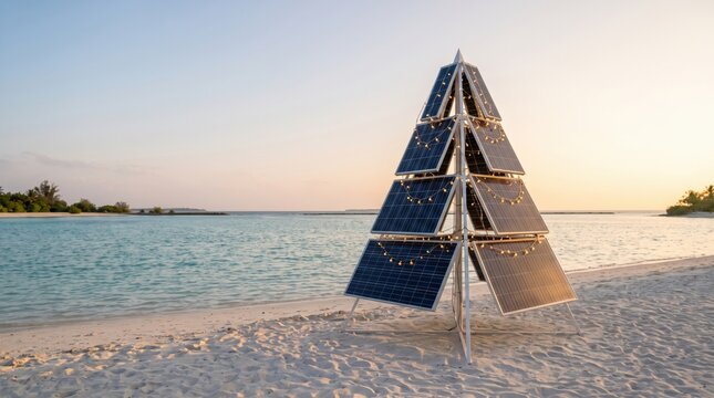 Celebrate green energy holidays with a solar panel Christmas tree standing on a tropical beach