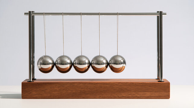 A classic Newton's cradle with chrome metal spheres on a wooden base isolated on white background. Symbolizing cause and effect in professional business management concepts.