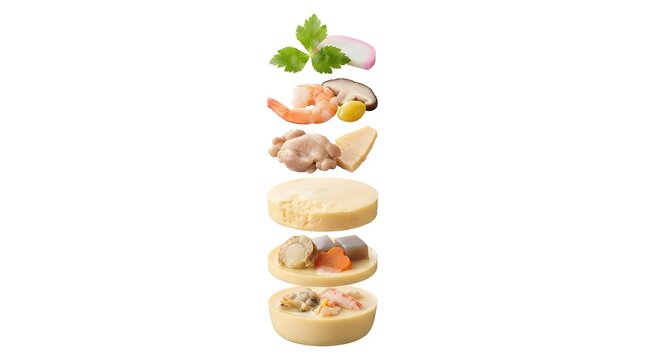 Exploded View of Japanese Chawanmushi Ingredients Floating on White Background, Traditional Steamed Egg Custard Dish Components Arrangement