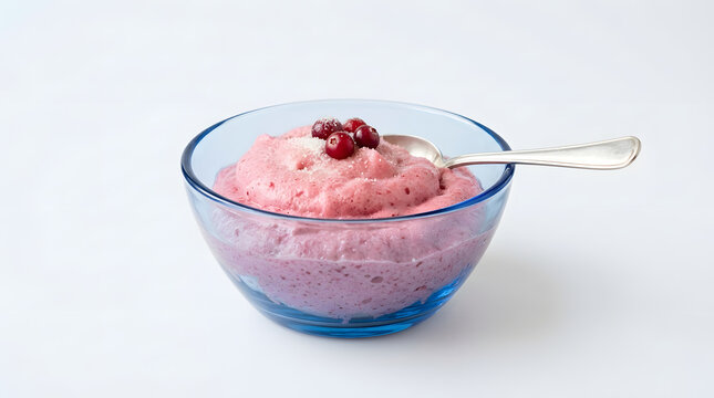 Mannavaht, or also vispipuuro from Estonia. Smooth Baltic blend of  sweet cold porridge from wheat, semolina and lingonberries on crystal blue bowl