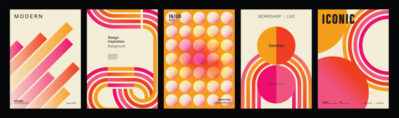 Fototapeta na wymiar Retro geometric vector poster collection with bold orange, pink and yellow shapes, stripes and modern mid century backgrounds