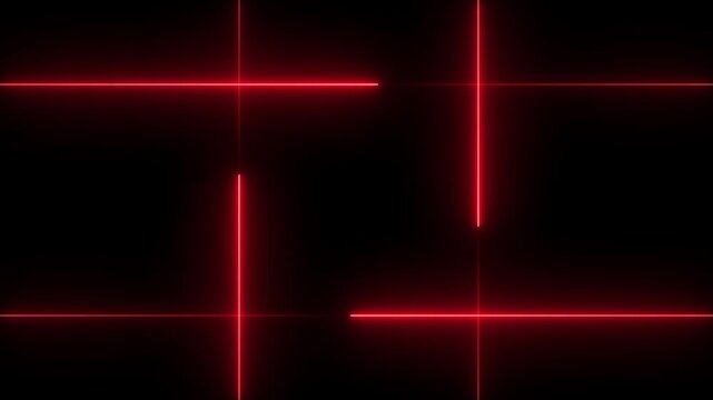 Abstract red neon laser lines intersecting on a dark black background with copy space