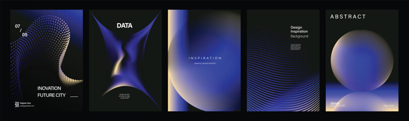 Naklejka na ściany i meble Dark blue futuristic vector poster collection with glowing gradients, flowing waves, spheres and abstract technology backgrounds