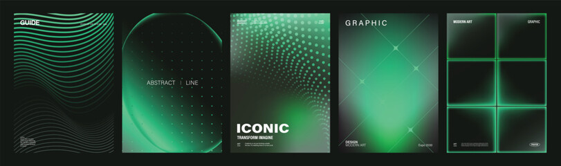 Obraz premium Green neon vector poster collection with abstract waves, glowing gradients, geometric lines and futuristic technology backgrounds