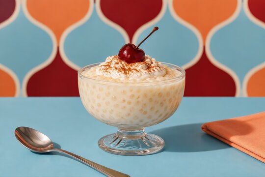 A delicious bowl of tapioca pudding with whipped cream and a cherry on top, set against a retro colorful background.