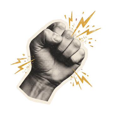 Retro halftone fist sticker with yellow lightning bolts design represents power strength and revolution for rebel concept art