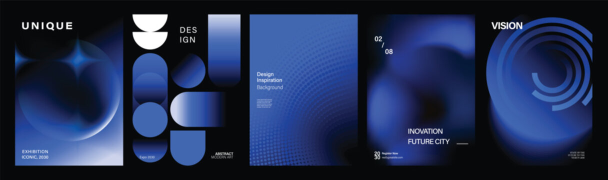 Blue futuristic vector poster collection with abstract gradients, geometric shapes, circles and modern technology backgrounds