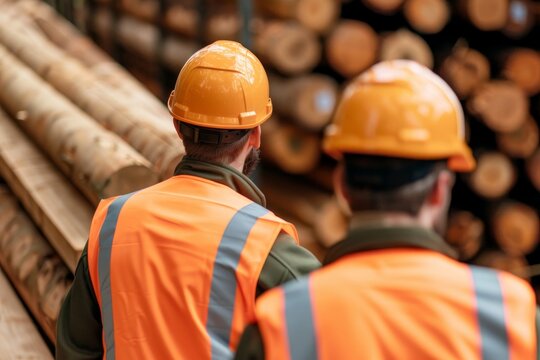 Two construction workers wearing orange safety helmets and vests, observing wooden logs in storage area, industrial setting