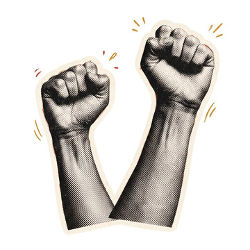 Vintage halftone raised fists sticker design representing strength protest and unity for social justice and empowerment concepts