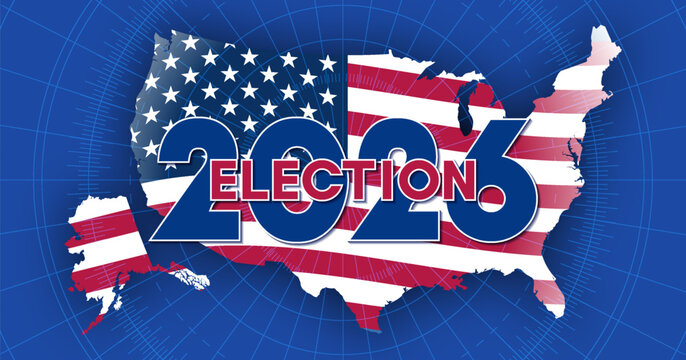 Vector political banner. Election 2026. Map of United States of America, national stars and stripes flag. Campaigning and voting. US vote. Politics United States. Global impact. Poster