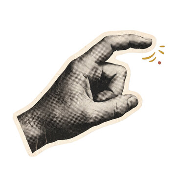 Vintage pointing hand halftone sticker design represents direction click choose and selection concept for web interface graphics