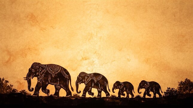 Shadow puppet elephants on textured paper background