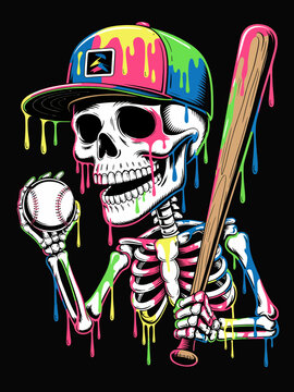 Neon dripping paint skeleton baseball player colorful sports art