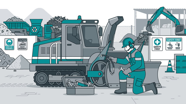 Worker repairs snowblower with tools, construction site background