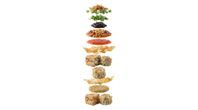 Floating Batagor Ingredients Vertical Composition, Traditional Indonesian Fried Fish Dumpling Snack with Peanut Sauce and Chili on White