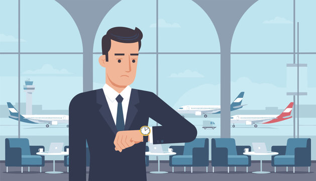 Anxious businessman in a formal suit checks his wristwatch while standing in an airport terminal with airplanes visible through windows.