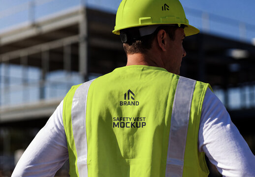 Rear View of Man Worker Wearing Safety Vest and Hard Hat Mockup