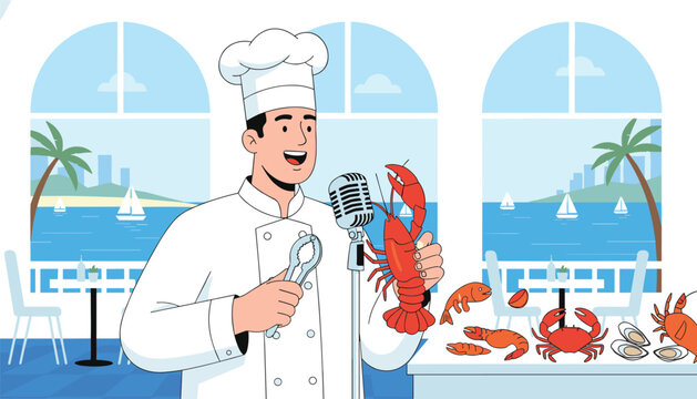 Cheerful chef presents a fresh red lobster and shellfish on a microphone for a seafood cooking broadcast in a coastal restaurant.