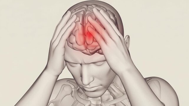 Medical illustration of human brain with highlighted red region, showing headache, migraine, stroke, neurological disorder, healthcare anatomy concept, 4K video