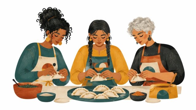 Women making dumplings in a kitchen with bowls and ingredients on a table during a cooking session
