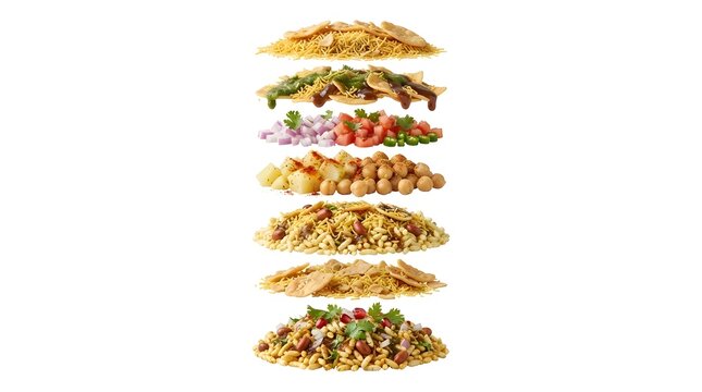 Exploded view of Indian Bhel Puri ingredients, layered vertical composition of puffed rice, vegetables, chutneys, and snacks on white background