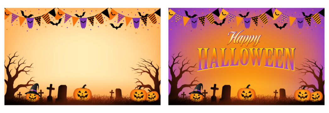 Festive Halloween background with pumpkins, bats, graveyard, witch and colorful bunting, with spacious copy area for seasonal designs.