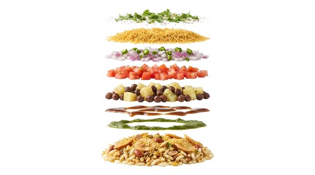 Exploded View of Indian Bhel Puri Ingredients Floating in Layers Isolated on White Background for Street Food Menu Design and Culinary Art