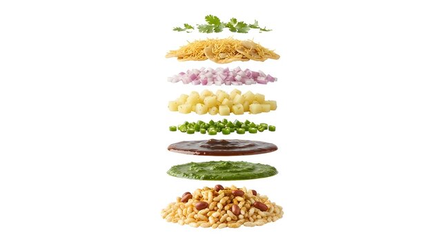 Exploded view of Indian Bhel Puri ingredients floating in layers, including puffed rice, chutneys, chopped vegetables, and sev on white background