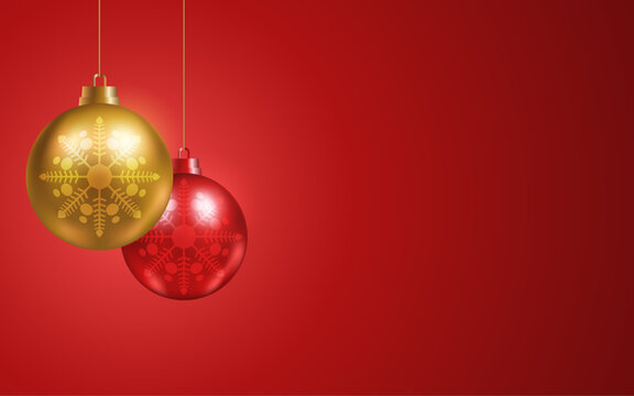 Elegant Christmas Background with Red and Gold Hanging Ornaments and Copy Space for promotional and advertisement.