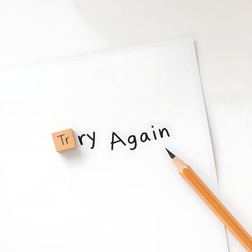 Motivational concept of try again written on white paper with a pencil
