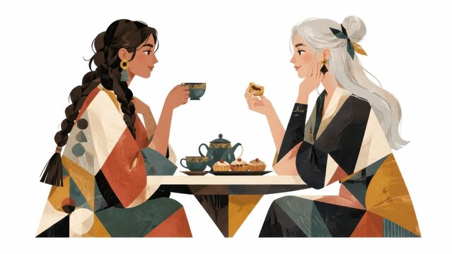 Two women enjoying tea and snacks at a table while having a conversation in a cozy setting